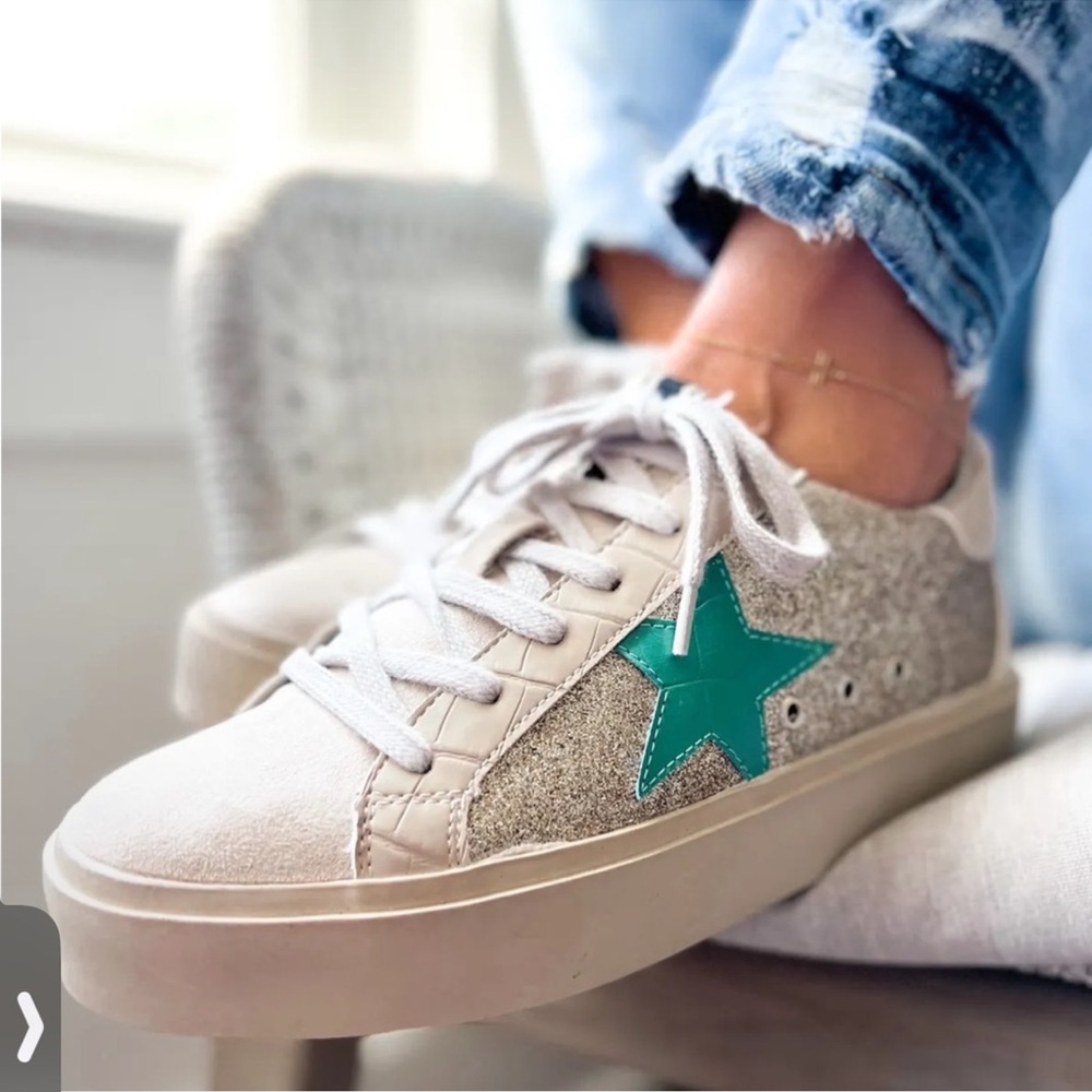 SHU SHOP gold glitter sneakers with teal star